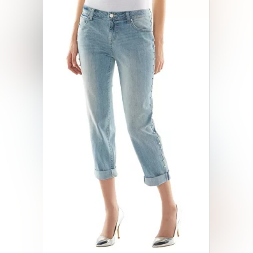 Jennifer Lopez Rhinestone and Faux Pearl Embellished Boyfriend Jeans Sz 14S